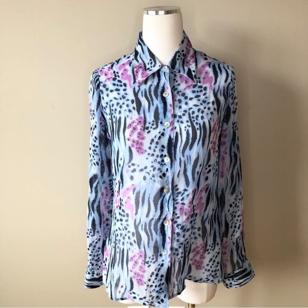 Vintage Blue Lavender Sheer Leopard Print Button Down Top S